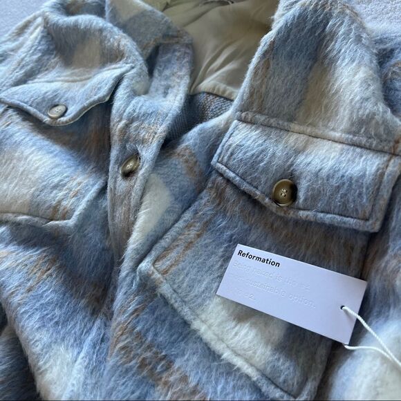 Reformation Ainslie Wool-Blend Long Jacket in Light Blue Plaid Large MSRP $268 - Picture 9 of 14